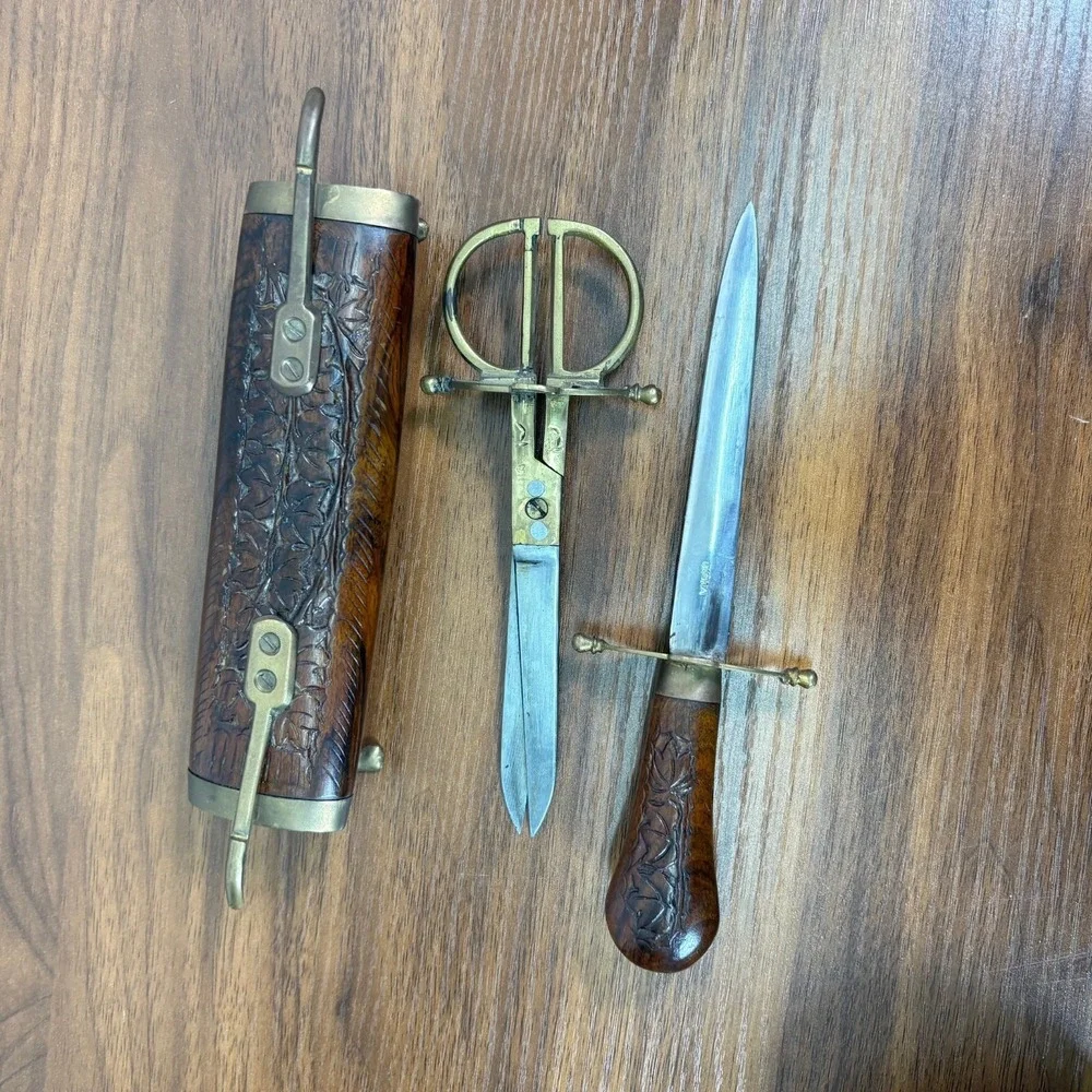 VINTAGE India Hand Carved Wood and Brass Letter Opener Scissors and Knife Set